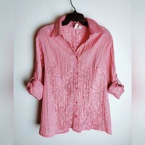 St. John's Bay Women's Crinkle Non Iron Roll Tab Sleeve Button Down Shirt, L